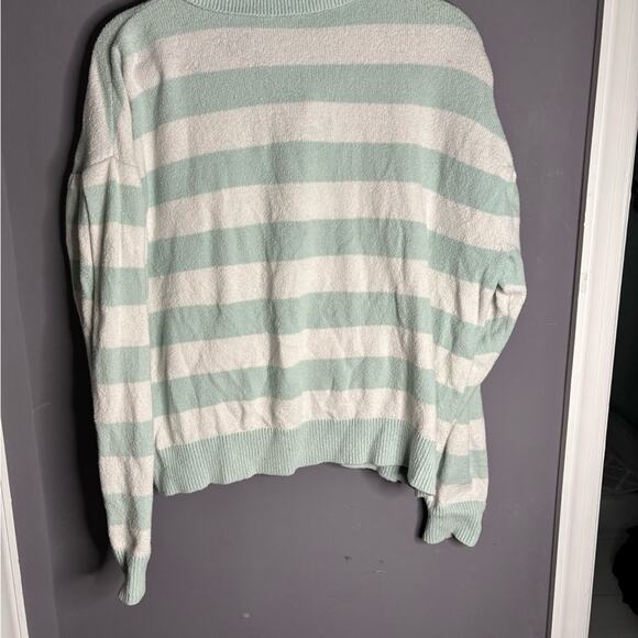 Tanya Taylor Green and White Striped Long Sleeve Sweater V Neck and Collar Sz M - Picture 6 of 7